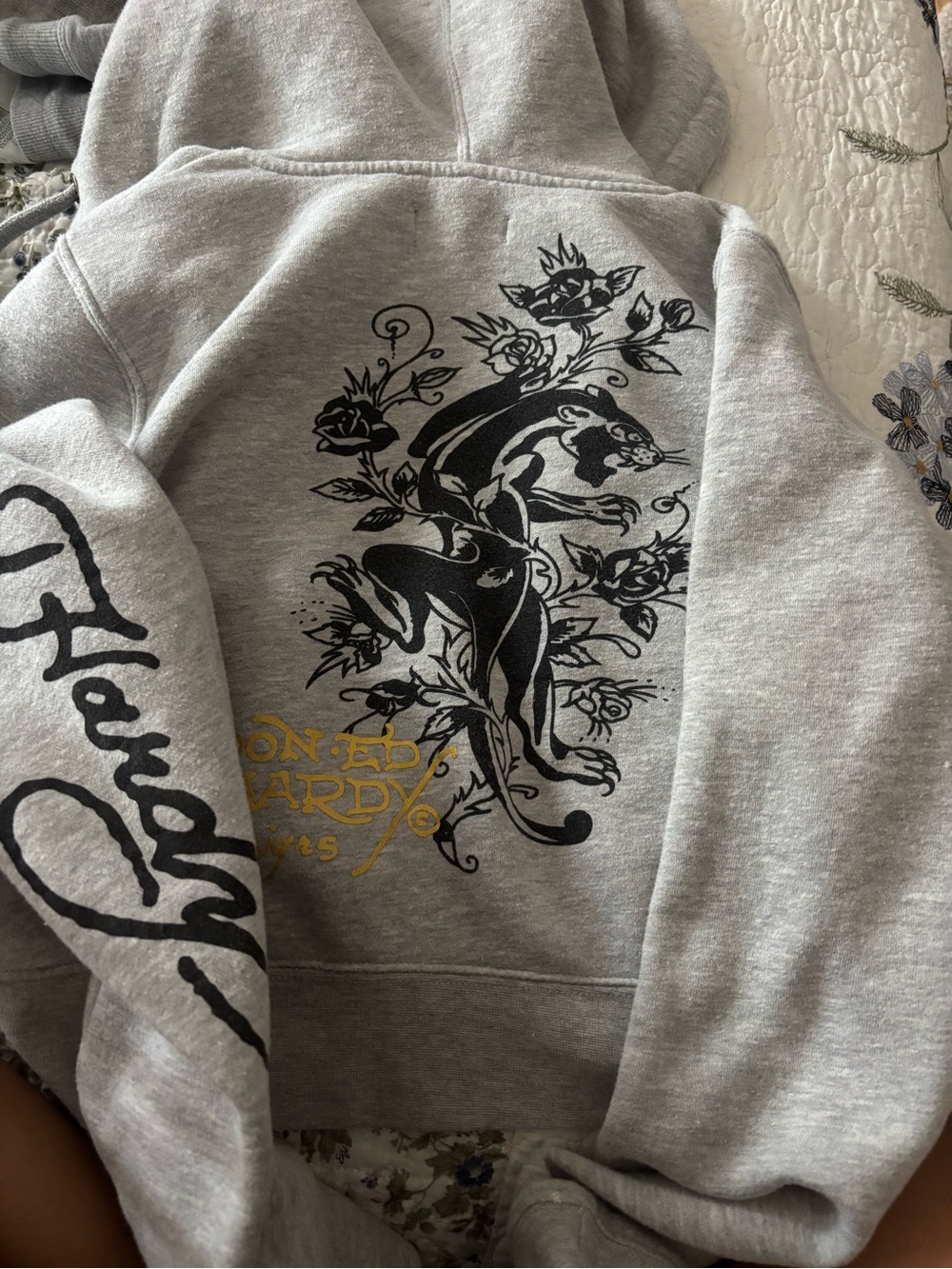 Ed Hardy Gray cropped Hoodie with Black Panther Graphic